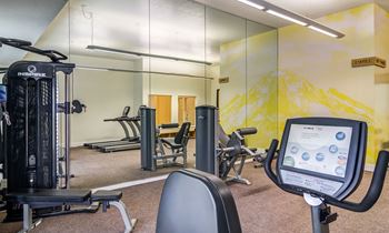 a gym with exercise equipment and mirrors on the wall